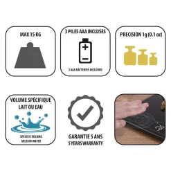 CRISTEL Balance de cuisine électronique 15 kg fonction tare sans contact