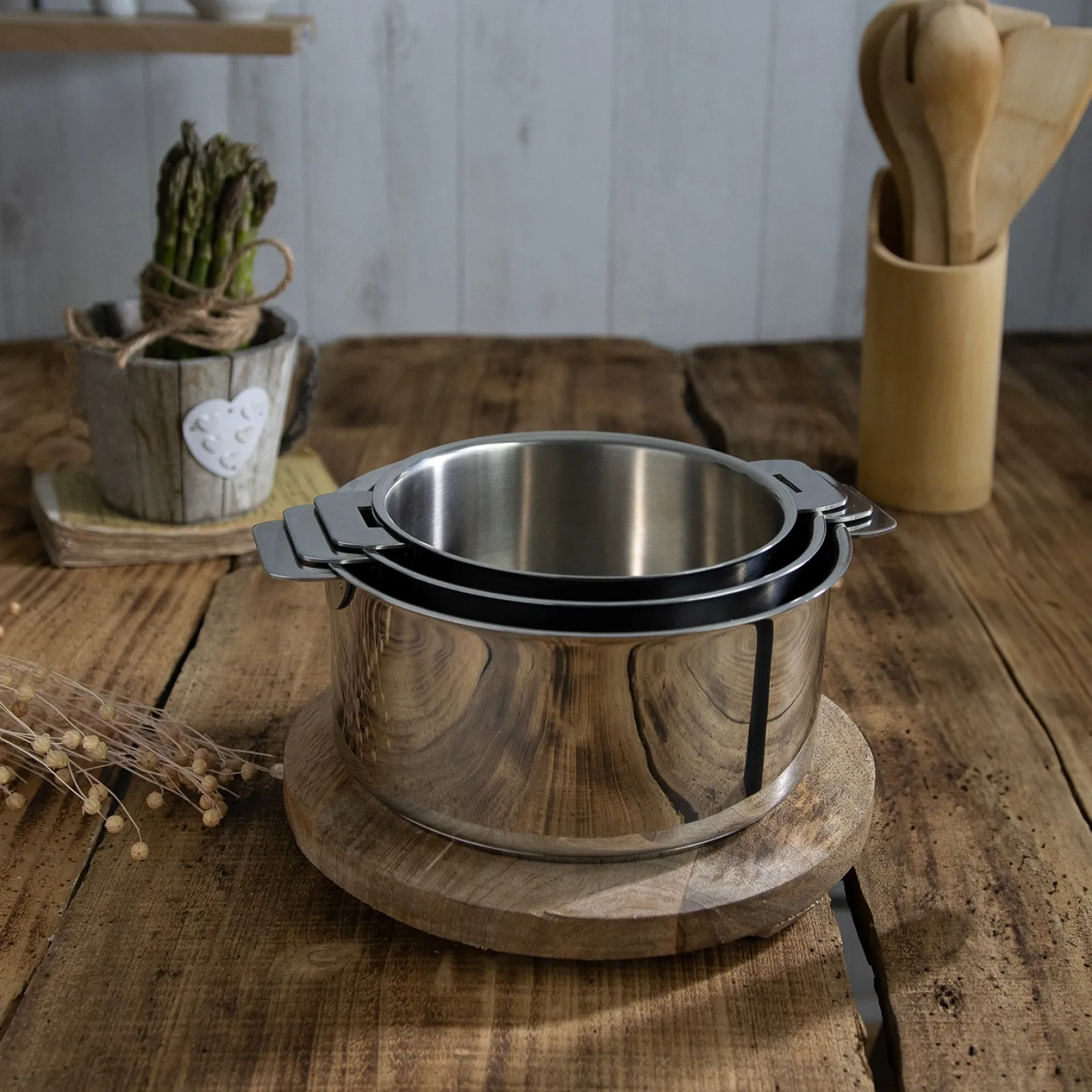 CRISTEL Set de 3 casseroles inox + 1 poignée amovible